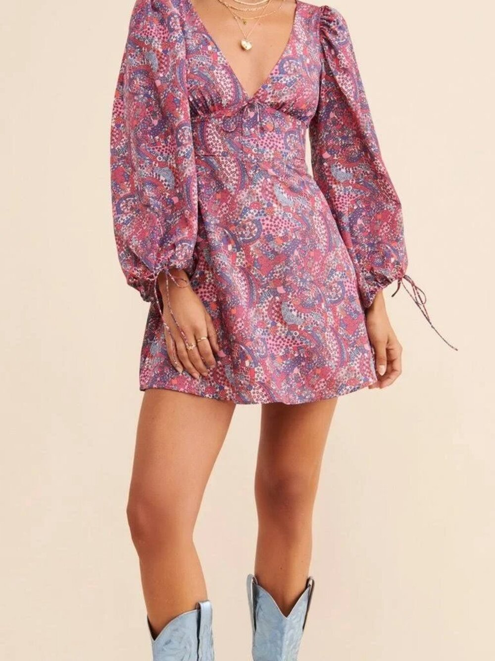 For Love & Lemons Tonya Dress Mini Long Sleeve Paisley Satin V Neck New Small